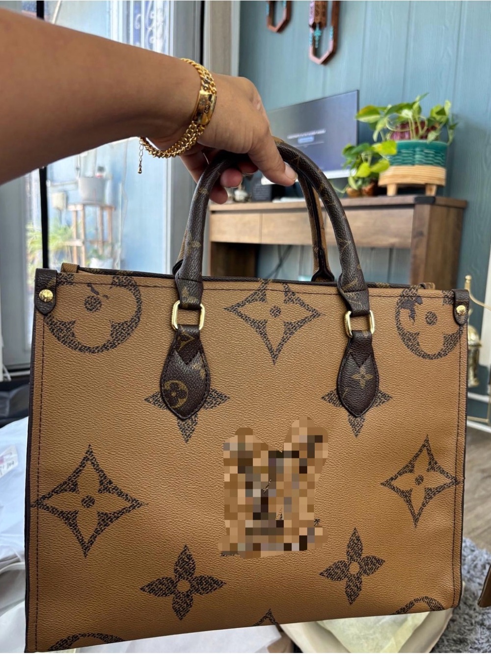 Monogram Print Tan Tote with Dark Brown Trim
